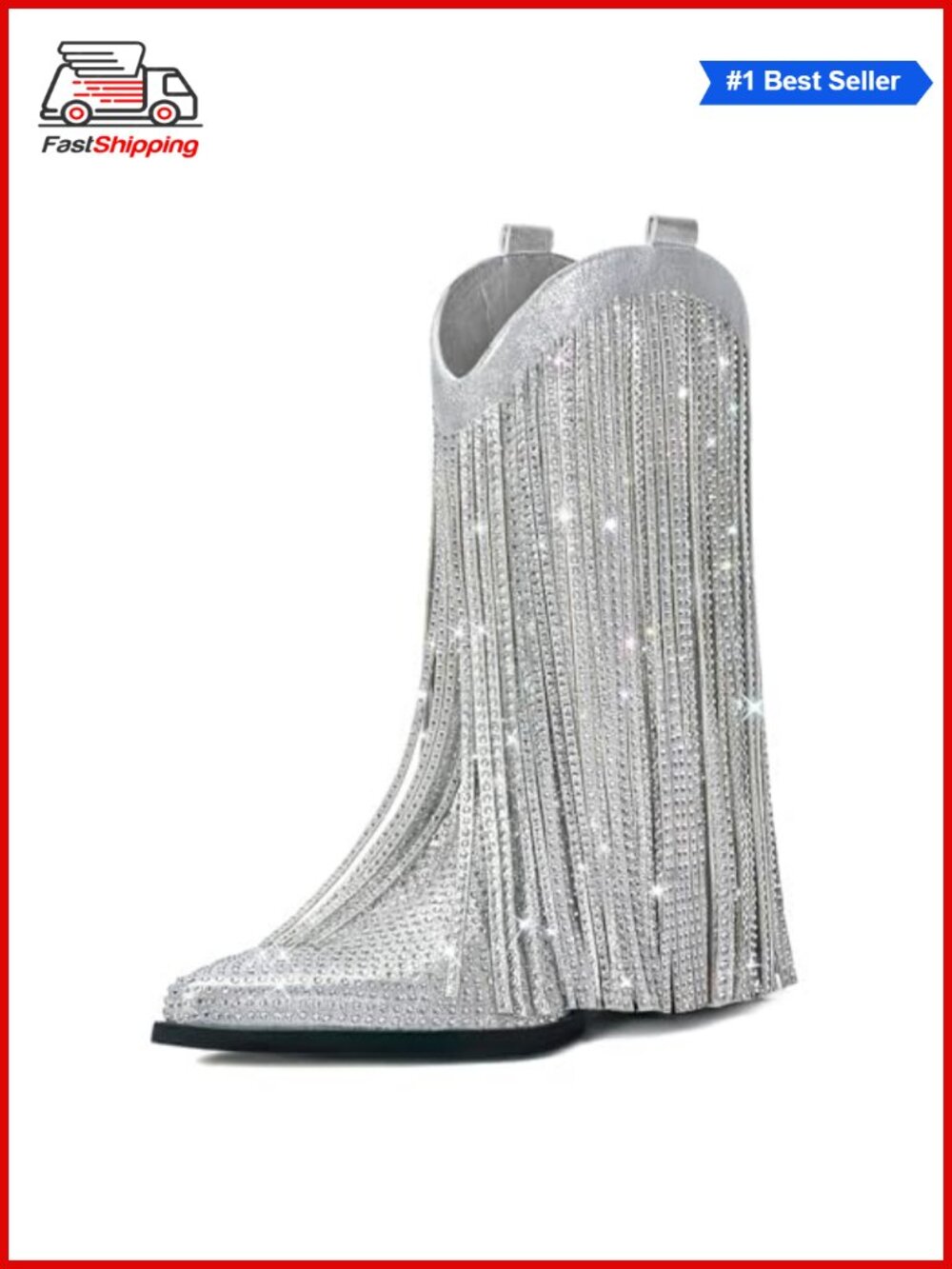 Faux Leather Mid Calf Cowboy Boots with Fringe and Star Studded Pointed Toe
